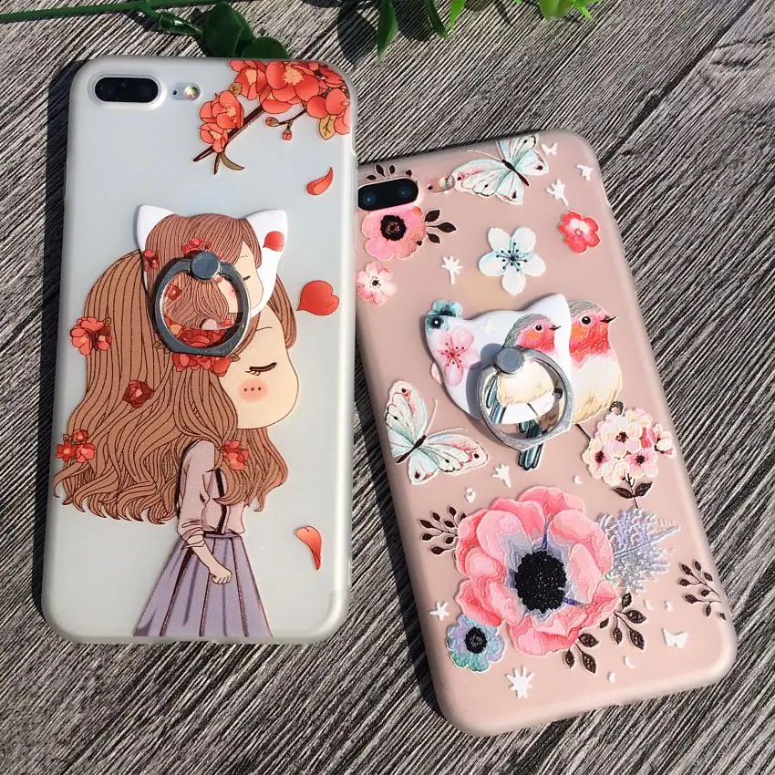 

Matte 3D Relief Pink Sakura Flower Girl Pattern Phone Case For iPhone 8 7 Plus Cover For iPhone X 6S 5S SE With Finger Ring