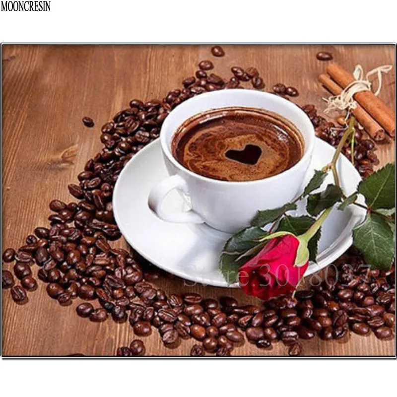 

5D Diy Diamond Painting Cross Stitch Coffee Morning Tea & Roses Needlework Diamond Embroidery Full Round Mosaic Decoration Resin
