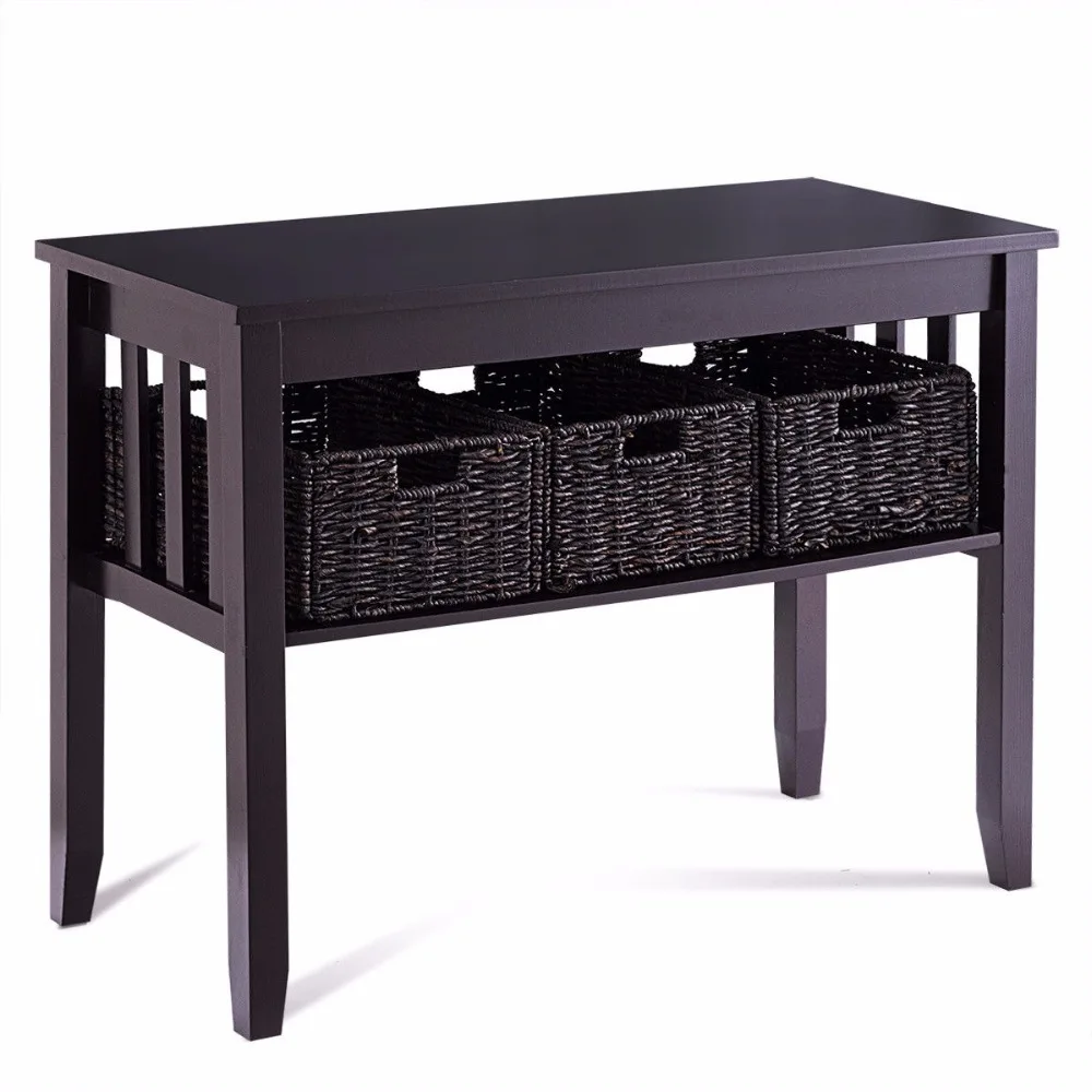 Giantex Wooden Rectangle Side Storage End Table Home Office Furniture 3 Foldable Baskets Home Furniture HW54677
