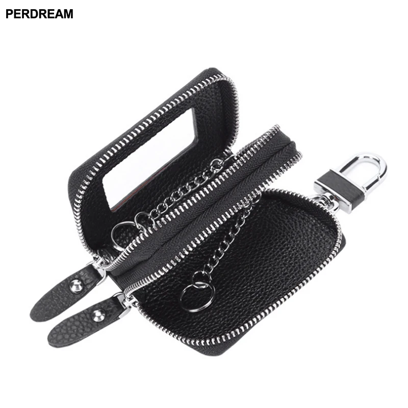 

PERDREAM Hot Double Layered Zipper Car Key Bag Leather Multifunction Leather Cowhide Key Bag