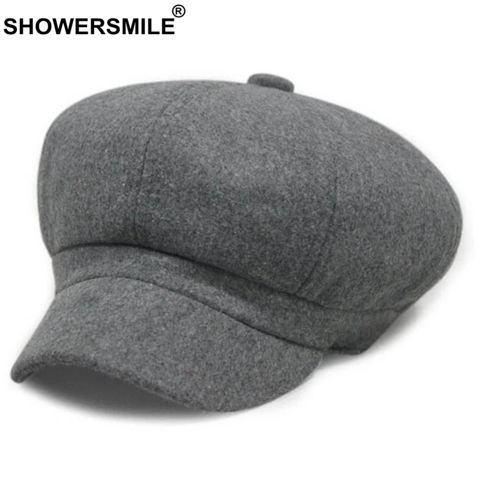 SHOWERSMILE, красная Шерстяная кепка Newsboy, женская теплая винтажная восьмиугольная шапка, женская шапка в британском стиле, осенне-зимняя Кепка на плоской подошве, Новинка - Цвет: Dark Grey Hat
