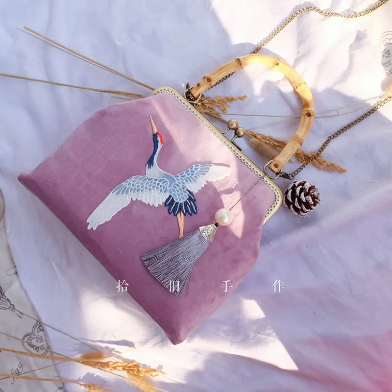 TekiEssica винтажная Оригинальная дизайнерская ручная вышивка Кран велюровая розовая бархатная женская сумка на плечо с цепочкой сумка-мессенджер