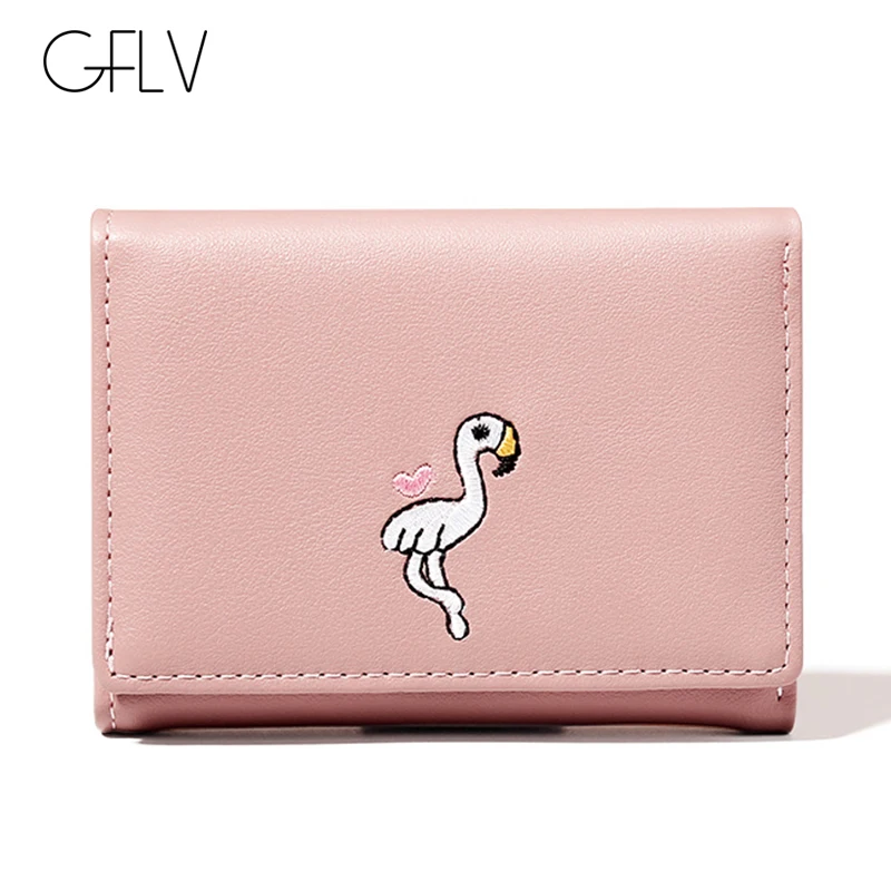 

GFLV Brand Cute Small Wallet Women Flamingo Embroidery Wallet Kawaii Animal Purse PU Leather Thin Wallet Card Holder Money Bag
