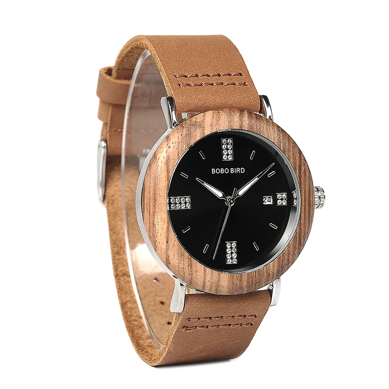 BOBO BIRD Crystal Men Watches Wooden Bezel Steel Watch with Brown Leather Strap in Gift Box