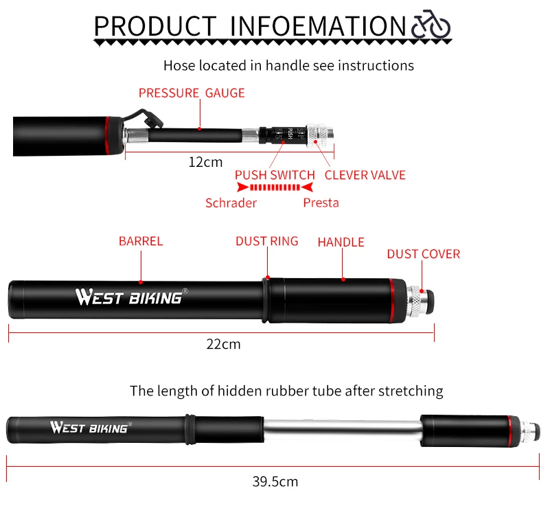 WEST BIKING велосипедный насос манометр трубка 120PSI велосипедный насос Presta Schrader шланг велосипедный воздушный насос для шин дорожный MTB велосипедный насос