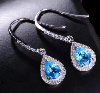 

Natural blue topaz drop earring Free shipping 925 sterling silver Fine jewelry 1.2ct*2pcs gemstone Fine jewelry Q91147