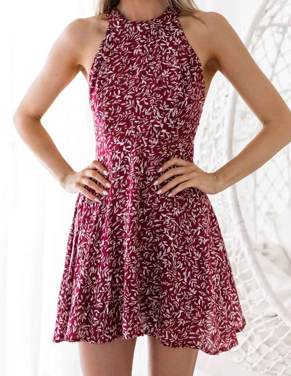 2019 Sexy Necklace print dress Summer Spaghetti Strap middle waisted Sleeveless | Женская одежда