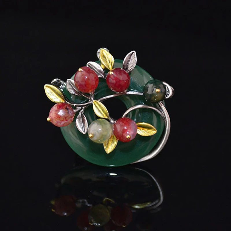 

K's Gadgets Green /Red Natural Stone Vintage Brooches Retro Leaf Gun Metal Plated Women 's Dress Brooch Pins Alfileres Broches