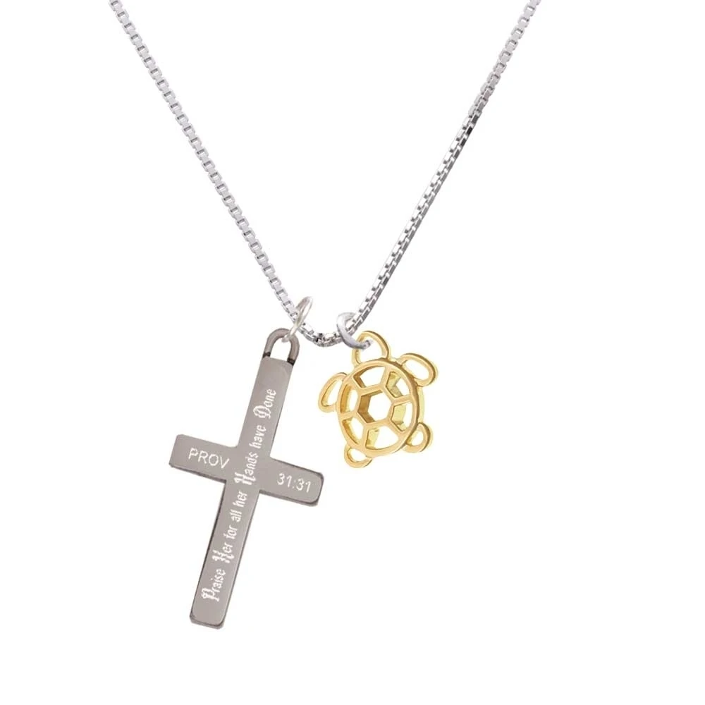 Gold Tone Cutout Sea Turtle - Praise Her - Cross Necklace