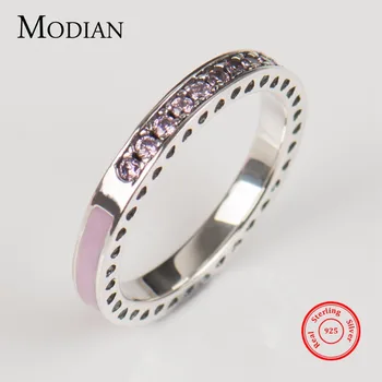 

Modian 100% Solid 925 sterling silver Pink Zirconia CZ Ring Romantic Radiant Hearts Pure Finger Rings For Women Wedding Jewelry
