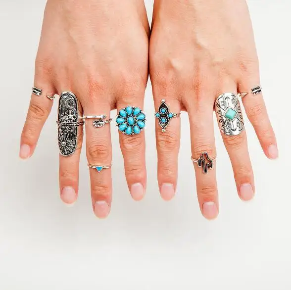 

9pc/set Vintage Bohemian Beach Ring Set Ethnic Style Antique Silver Plated Midi Finger Boho Rings Set Charm Anelli