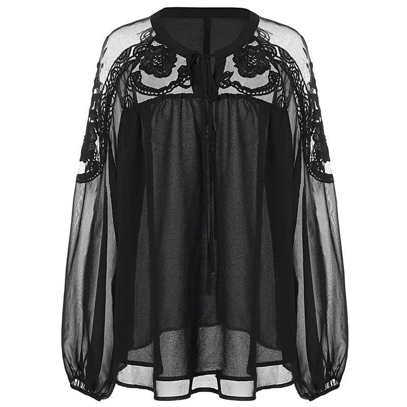 PlusMiss Plus Size 5XL-L Sexy Black Mesh Lace Blouse Women Clothing Big Size Lantern Sleeve Vintage Retro Boho Loose Tops 2018