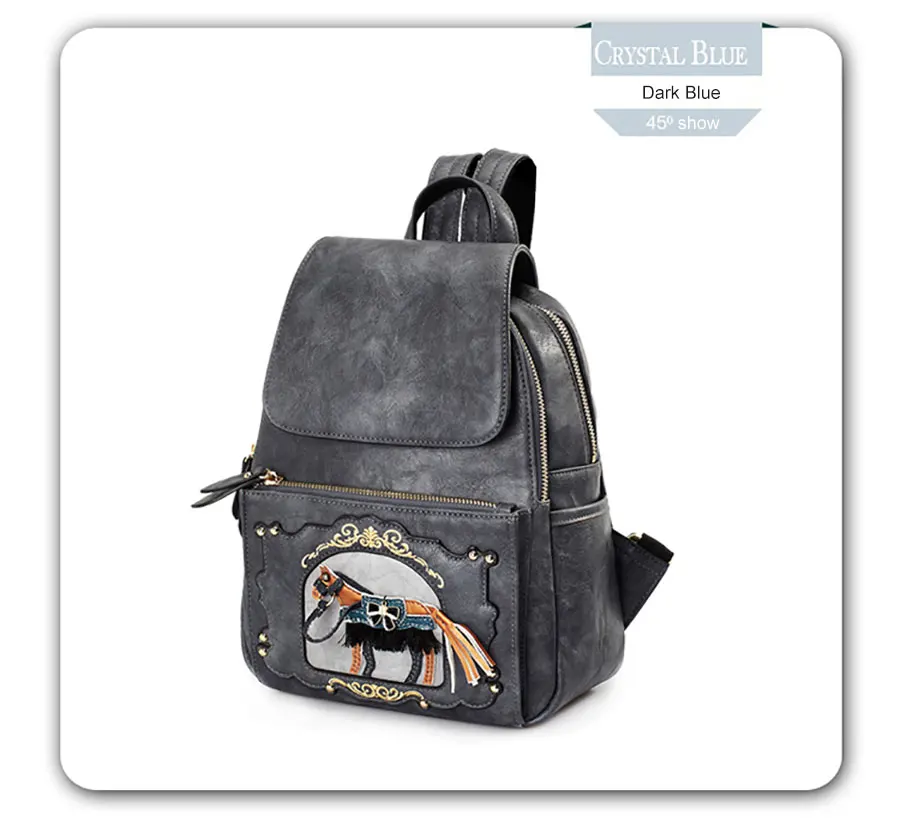 JKBW Women Backpack Fashion PU Leather Female Bags Teenager Girls School Bags Leisure Travel Bag with Cartoon Horse Decoration (8)