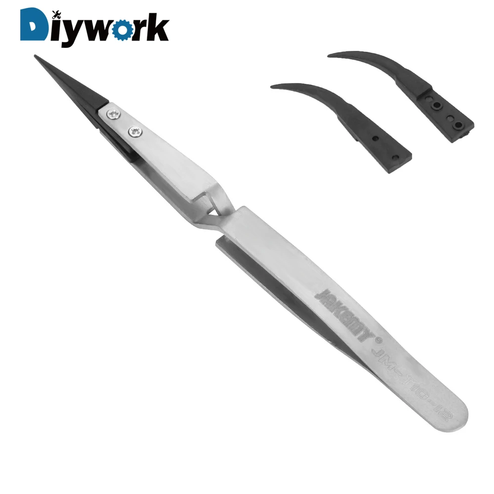 

DIYWORK Anti-static ESD Tweezers Reverse Action Tweezer for Phone Repair BGA Work with Curved & Straight Plastic Tip