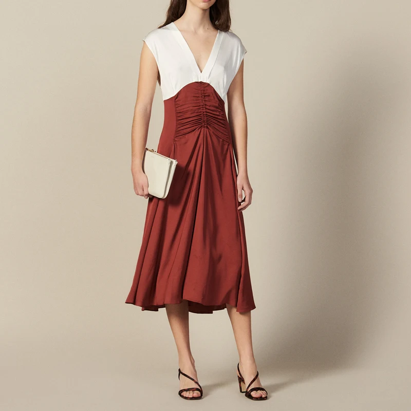 

Women Dress 2019 Autumn/ winter V-neck pleated drawstring waist dress