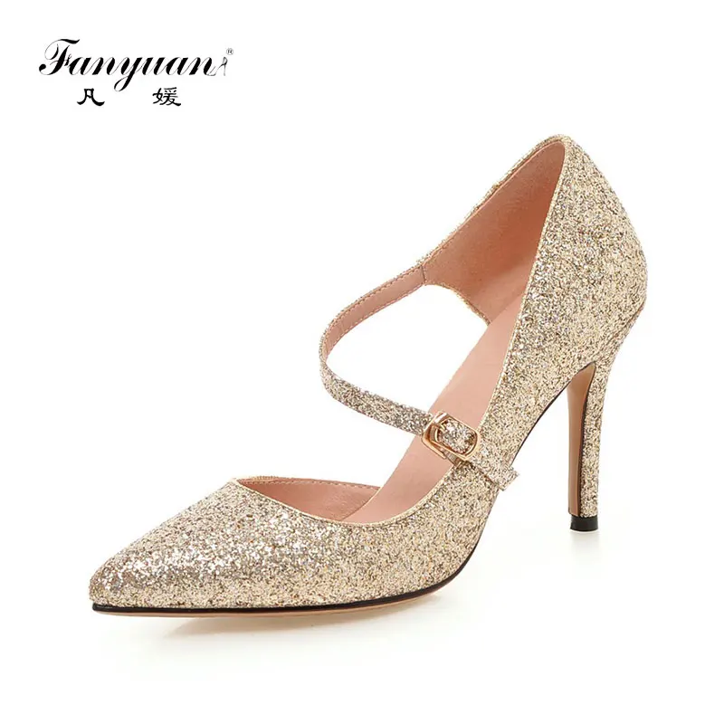 

Fanyuan Large Size 33-43 Bling Upper Pointed Toe Thin High Heels Women Shoes Sexy Pink Gold Silver Black Date Wedding Pumps