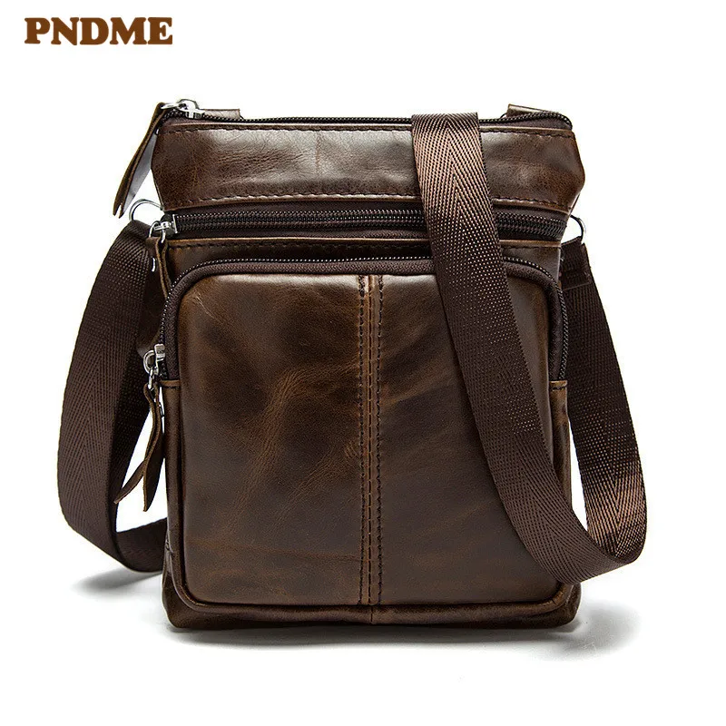 

PNDME brand vintage first layer cowhide men's shoulder crossbody bags casual simple light genuine leather daily small square bag