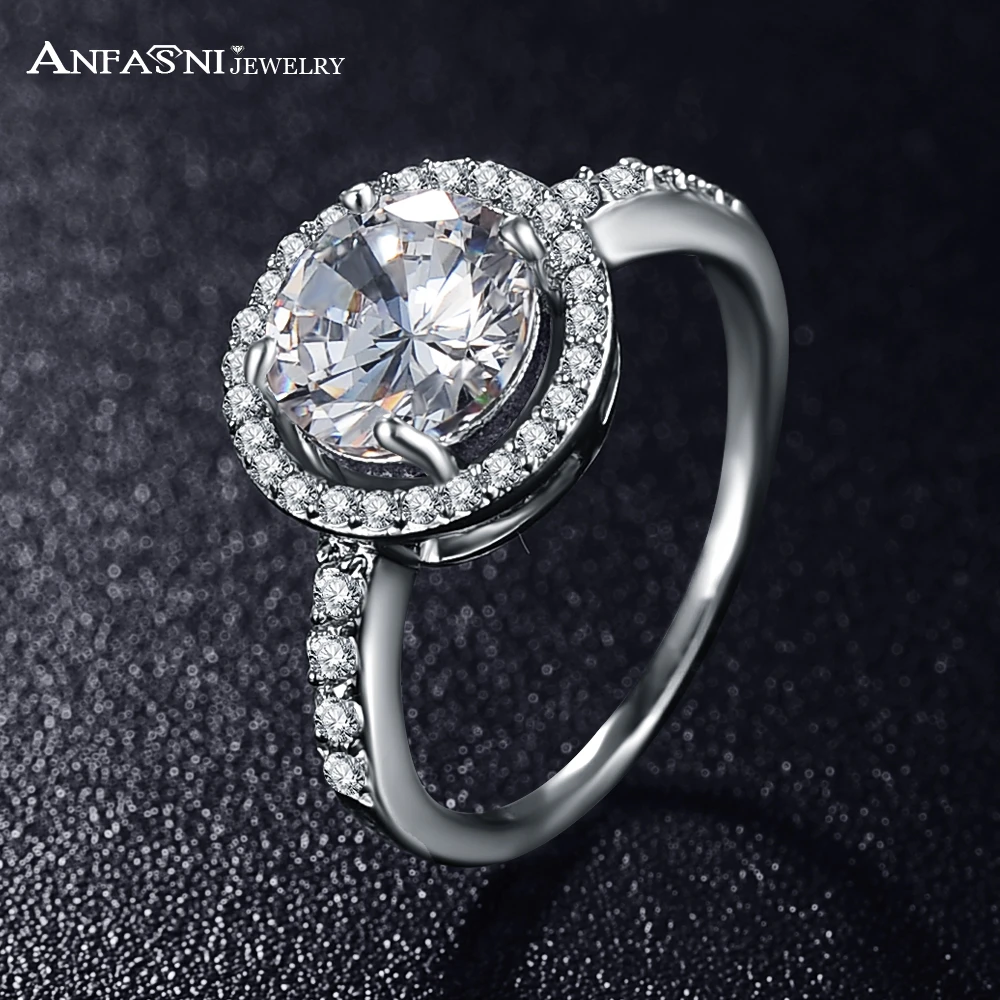 ANFASNI Women Wedding Ring Silver Color 2ct Hearts & Arrows Cut Round AAA Cubic Zircon Rings Jewelry CRI0001-B