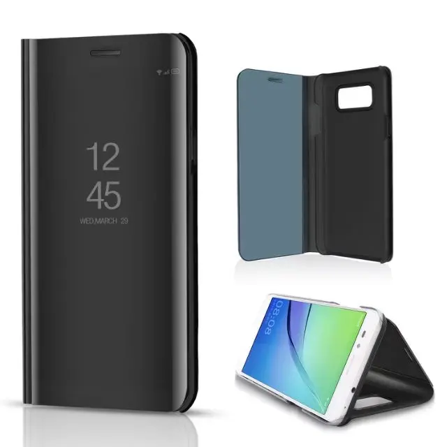 Black Чехол для samsung Galaxy J7 J700 J7008 откидная крышка Смарт Флип iPhone х Крышка С Откидывающейся Крышкой и окошком Гальваническое зеркальное покрытие стенд держатель Футляр kimTHmall - Цвет: Black