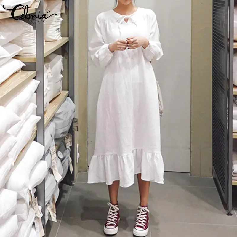 

Women Vintage Ruffles Dress Celmia 2019 Sexy V neck Casual Baggy Full Sleeve Maxi Long Dress Solid Party Vestidos Robe Plus Size