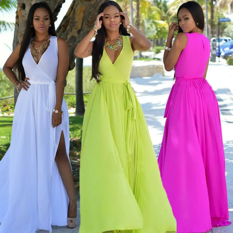 

2019 New Fashion Sexy Women Summer Long Maxi Dress Boho V Neck Evening Party Dress Beach Dresses Sundress
