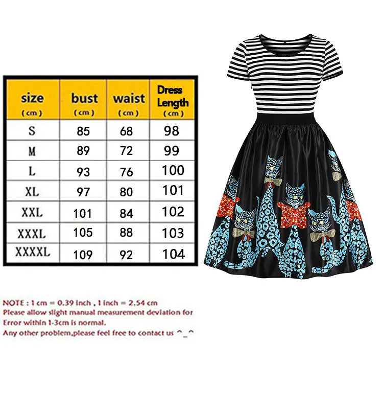 Mature Umbrella Plus Size Cat Print Halloween Women High Waist Cotton Retro Rockabilly Patchwork Stripe Vintage Party Dresses