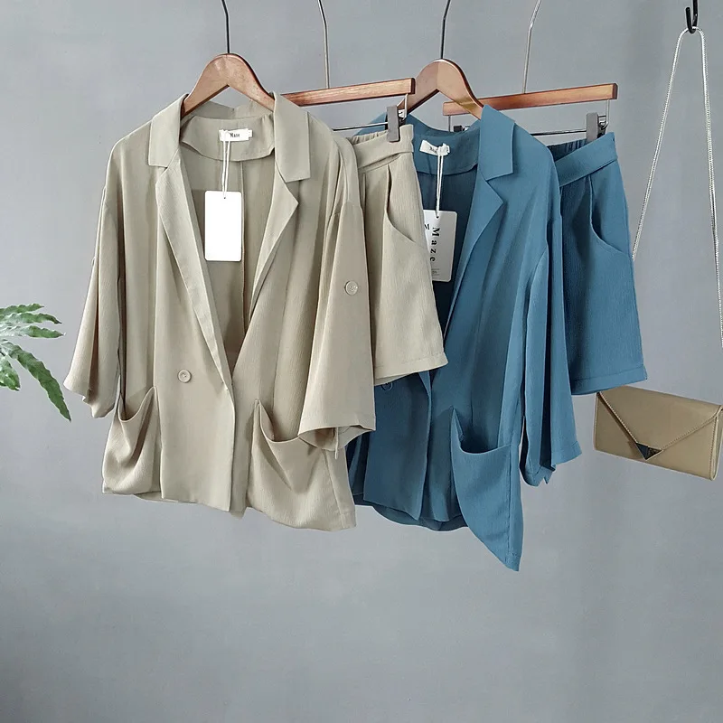 2017 mulher verão chiffon calções define azul moda sólidos a granel casual casacos com bolsos cáqui de cintura alta calções elásticos