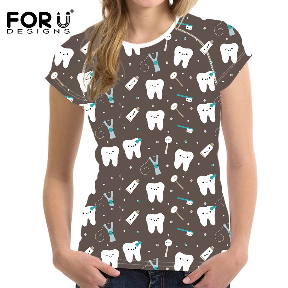 

FORUDESIGNS Dentist Print Women Short Sleeve Tshirts Summer Breathable Female Tee Shirts Casual Round Neck Tops Shirts Clothes