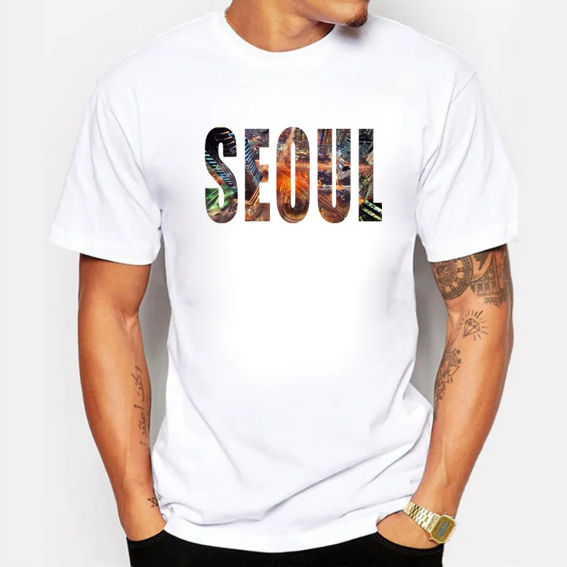 

BLWHSA New Summer Men T Shirt South Korean capital Seoul City printed Casual Cotton Tee Shirt white Fit Men O-Neck T-Shirt