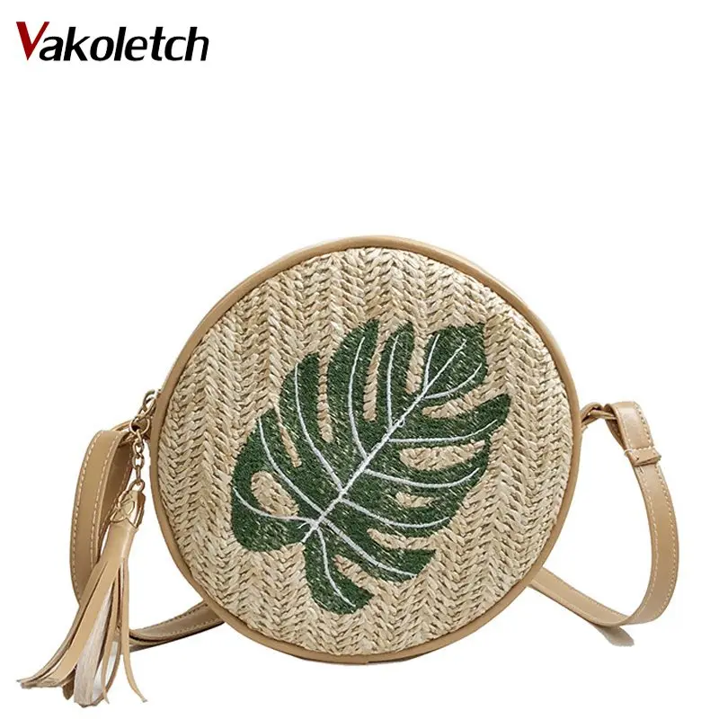 Round Straw Crossbody Bag With Tassel