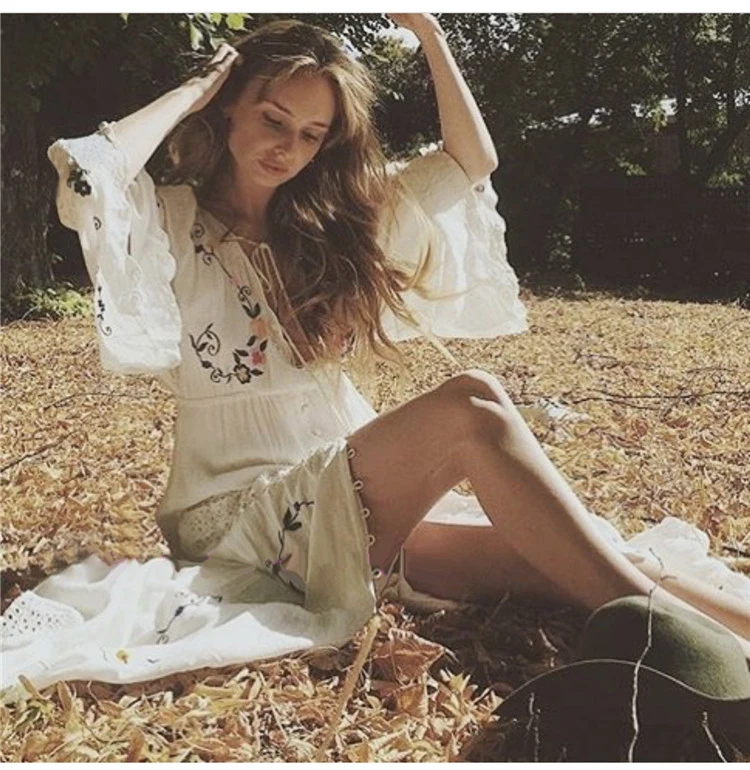 

limiguyue boho dress chic white floral embroidery mexican sexy deep v neck long dress women hippie chic runway party dress Z0676