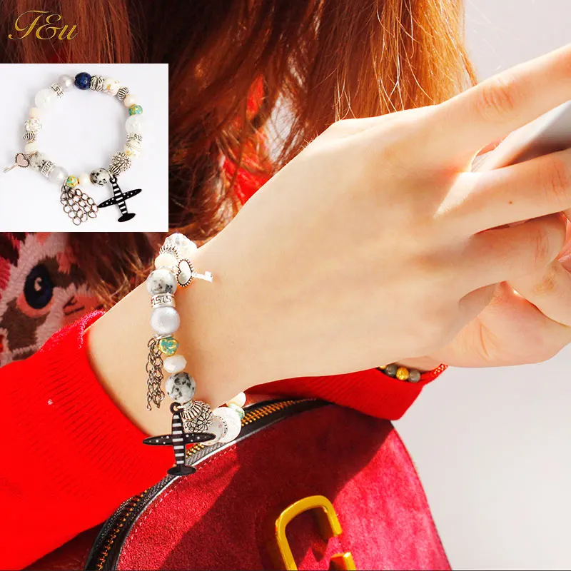 F&U Summer New Bracelet for Girls Cute Dangle Charm Beaded Elastic Bracelet Trendy Fashion