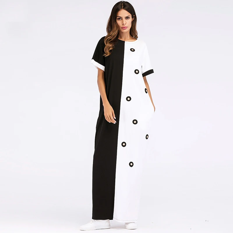 New Ladies maxi dresses Summer 2019 loose plus size Straight T shirt dress Applique Diamond color block long dress 3XL 4XL 2239