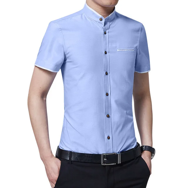 

Men's Clothes Simple Formal White Mandarin Collar Solid Men Shirt Short Sleeve Black Shirts Dress Pink Casual Slim Clothing 5XL