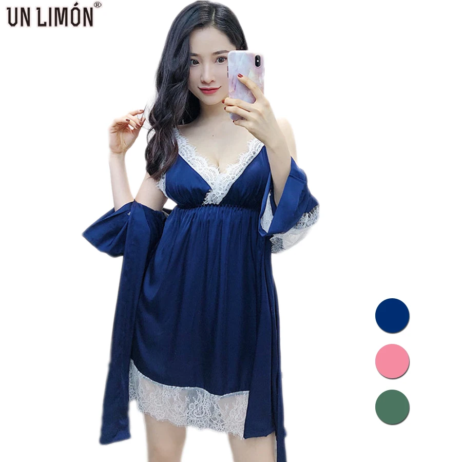 

UNLIMON Women Stain Pajamas Lace Dress Silk Robe Loungewear
