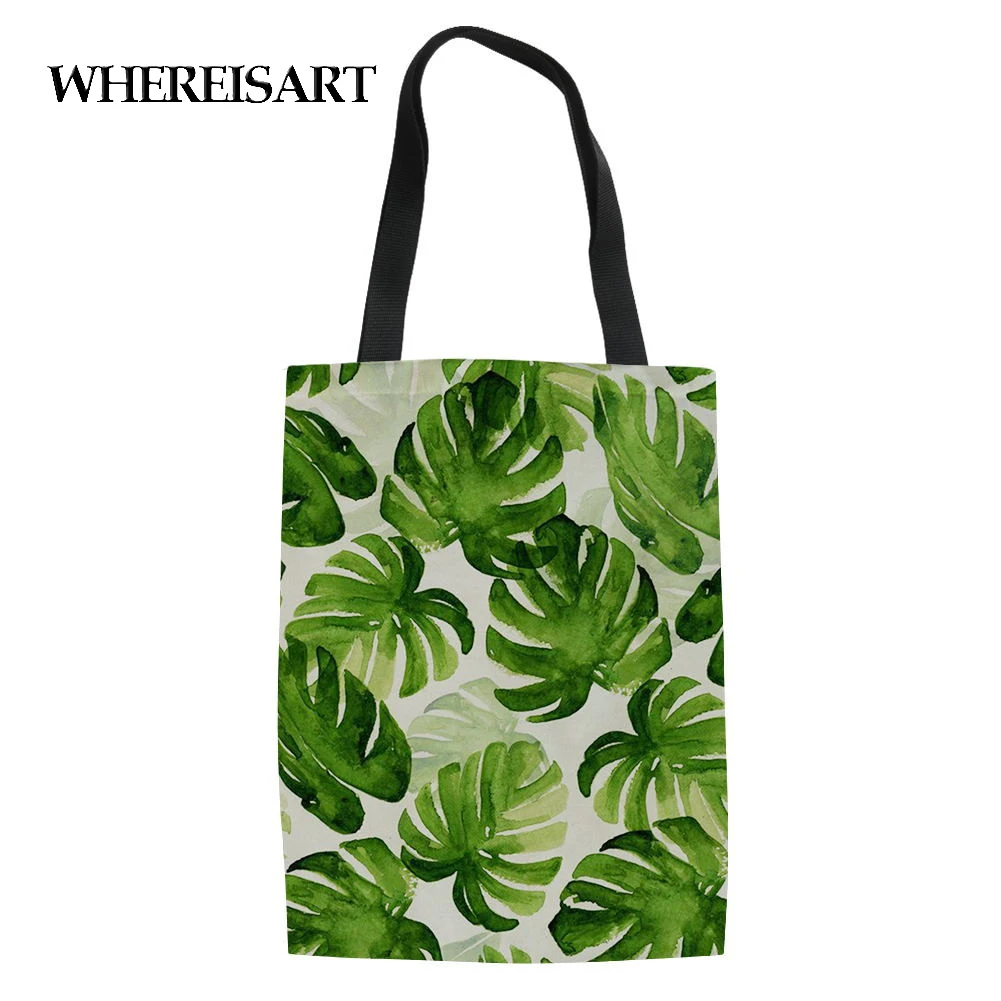 WHEREISART Женская хозяйственная сумка многоразовая зеленая Пальмовая тканевая сумка с принтом продуктовые эко-сумки складные холщовые вместительные сумки