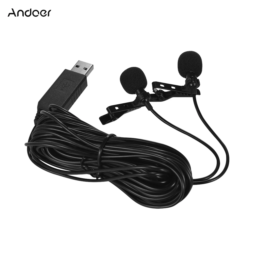 Andoer 1.5m USB Dual-head Lavalier Lapel Microphone Clip-on Omnidirectional Computer Mic for Windows Mac Video Audio Recording