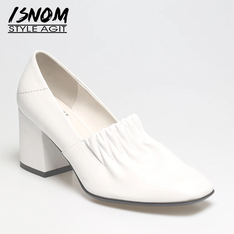 

ISNOM Genuine Leather Pumps Women Square Toe Footwear Office Shoes Female Pleated High Heels Shoes Woman Spring 2019 New White