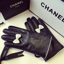 Новое поступление, женские перчатки из натуральной кожи с бантом, тонкие перчатки с сенсорным экраном, бархатные теплые перчатки из натуральной овчины, качественная кожа