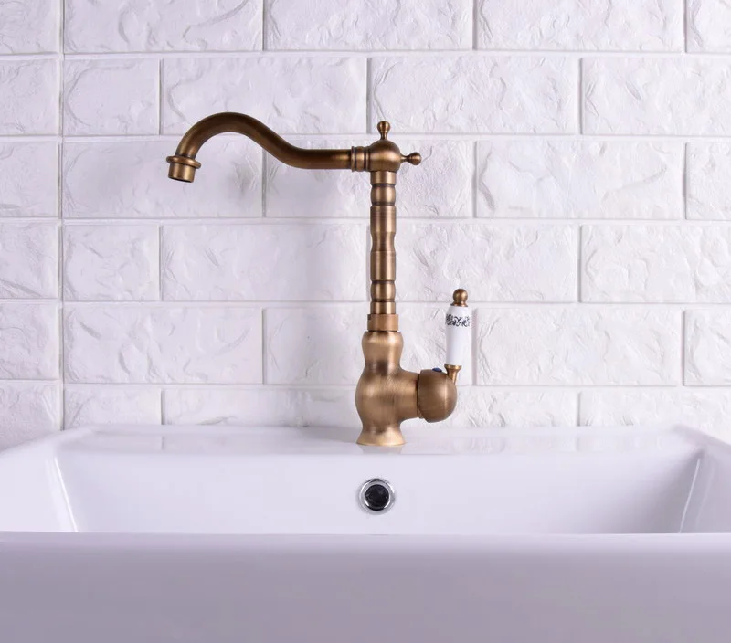 Vintage Retro Antique Brass Single Handle One Hole Bathroom Kitchen Basin Sink Faucet Mixer Tap Swivel Spout Deck Mounted msf117