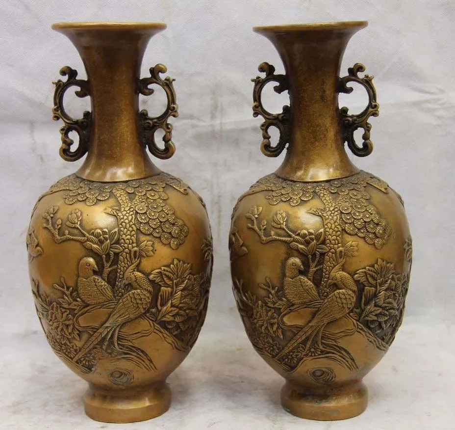 

Chinese Royal Palace Brass Copper Plum Peony Phoenix Bird Pot Bottle Vase Pair