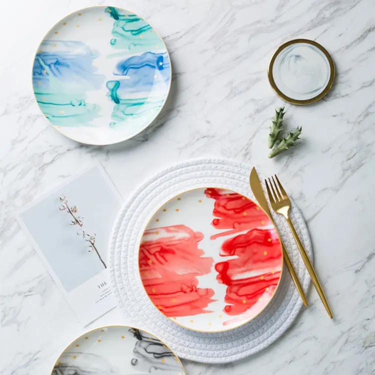 

Nordic Creative Landscape Painting Plate Dish Ceramic Jewelry Storage Tray Snack Cake Dish Set