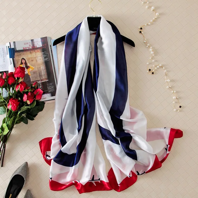 

2018 Women's Spain Fashion Navy Blue Striped Airplane Silk Shawl Scarf Luxury Brand Print Soft Sjaal Wrap Pashmina Foulard Femme