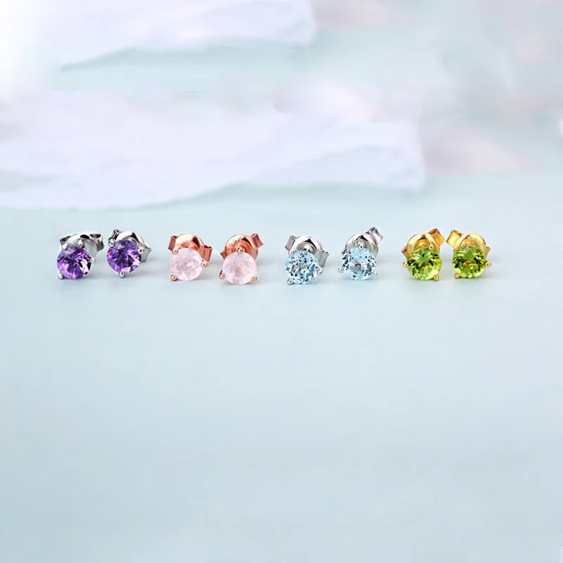 

ANI 925 Sterling Silver Women Topaz Earrings Natural Round Amethyst/Peridot/Rose Quartz Elegant Lady Stud Earrings for Wedding