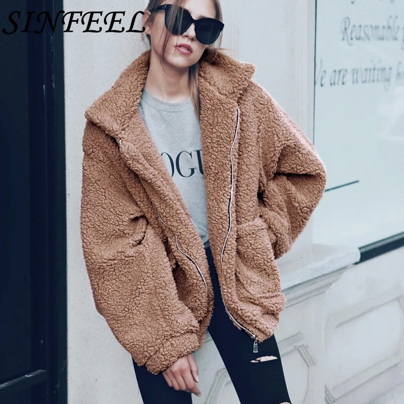 Goede SINFEEL 3XL Fleece Faux Fur Shearling Jas Jas Vrouwen Herfst Winter Warme Dikke Jas Vrouwelijke Toevallige Overjas Bovenkleding Plus Size