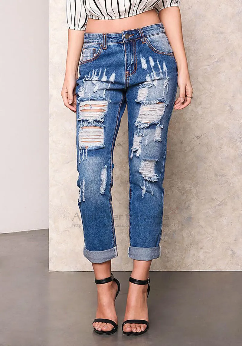 Навсегда сезон: весна–лето Для женщин джинсовые брюки Boyfriend отверстия порванные джинсы Для женщин повседневные брюки Тонкий Vintage Джинсы