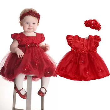 

Baby Girls Red Floral Dresses Little Girl Mesh Tulle Short Sleeve Headband Wedding Party Headwear Outfit Clothes Summer Clothing