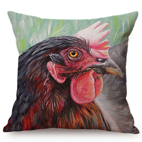 Hen Rooster Colorful Oil Painting Art Sofa Decoration Cushion Cover Rural Poultry Chicken Style Cotton Linen Square Pillow Case M082-6