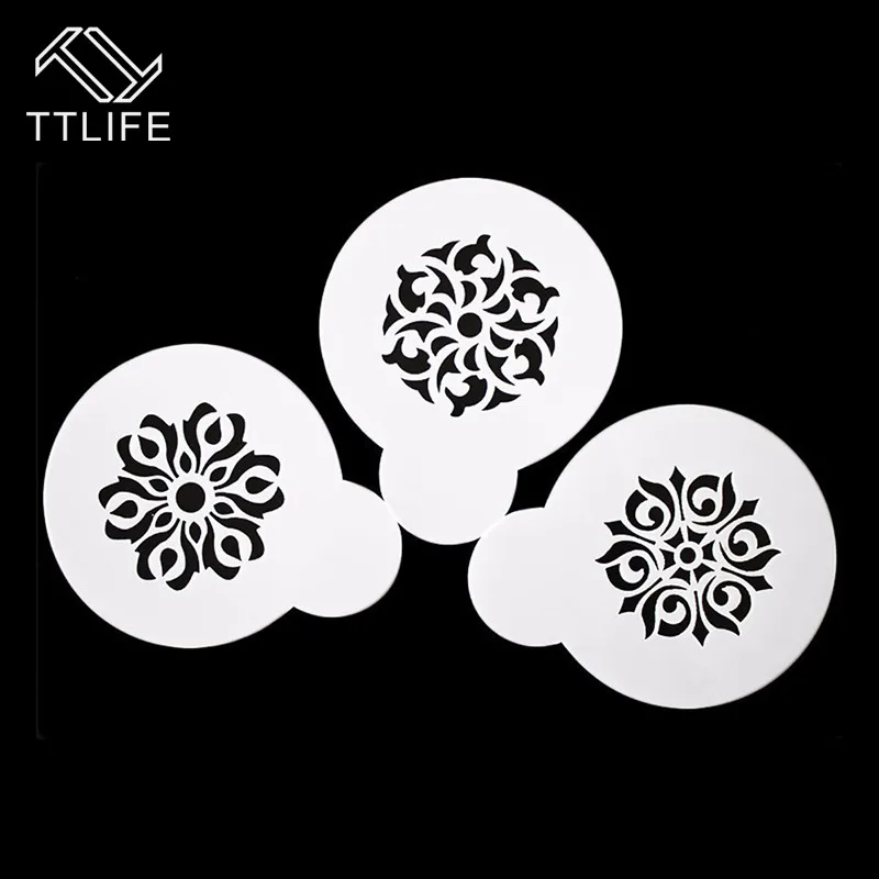 

TTLIFE 3pc Garland Mold Fancy Coffee Flower Printing Model Coffee Art Stencil Cafe Foam Spray Cake Duster Template Barista Tool