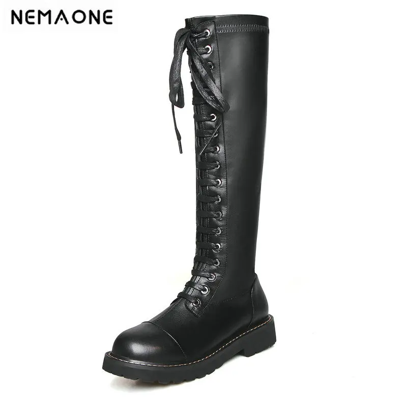 

NEMAOME Knee High Boots Woman Round Toe low Heels Lace Up New Warm Winter Long Shoes Woman High Motorcycle Boots size 41 42 43